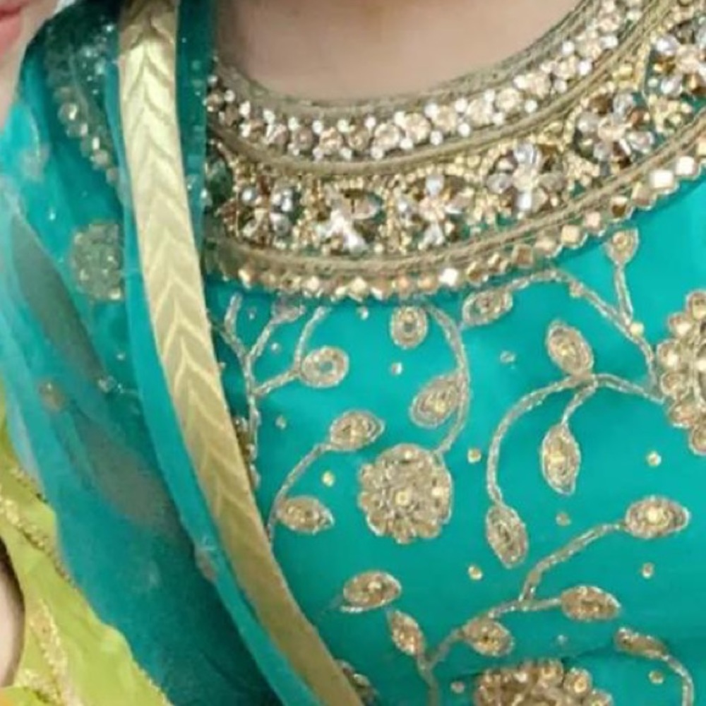 Turquoise sharara with thread and stone work